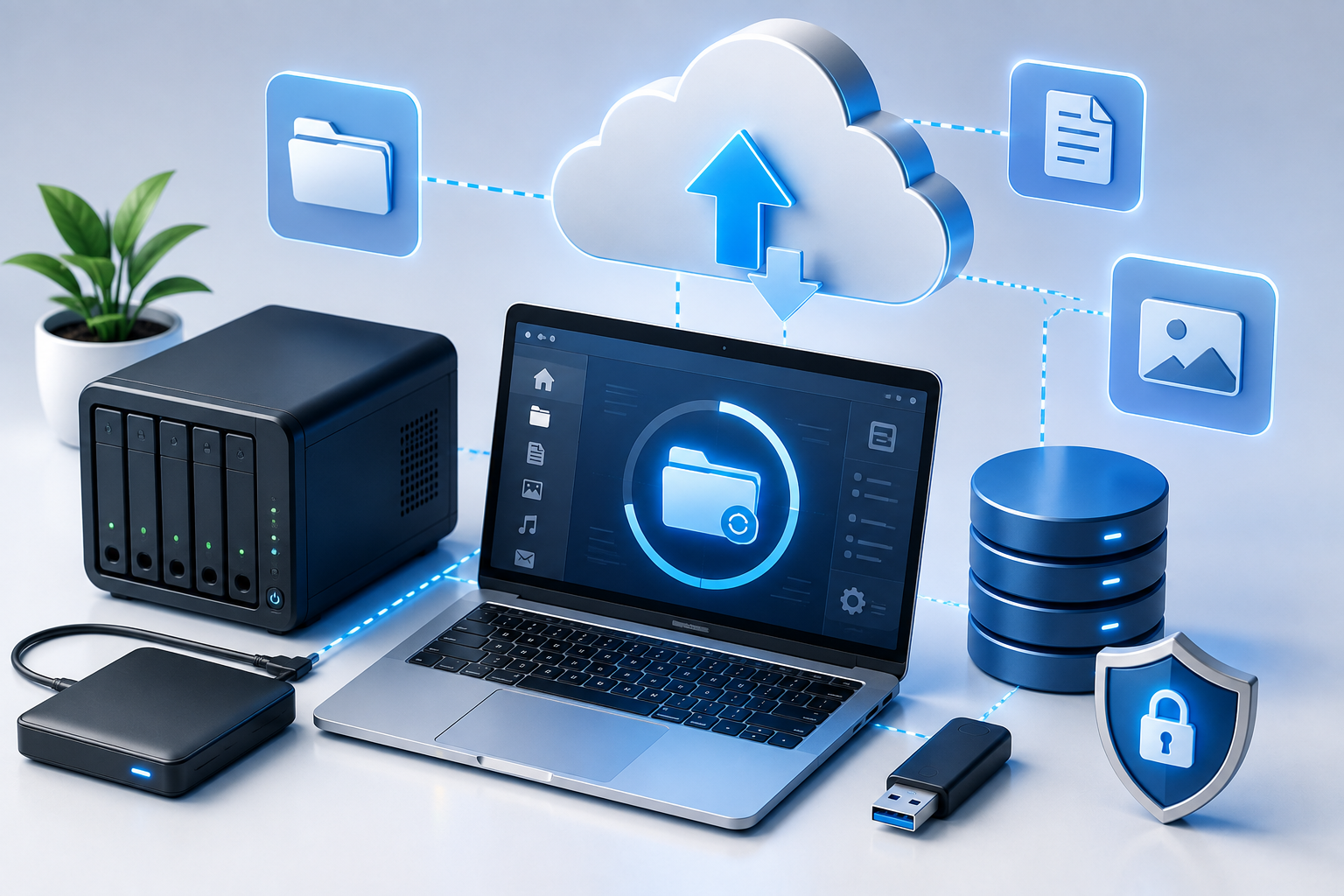 Business data backup with cloud storage, secure devices and recovery systems