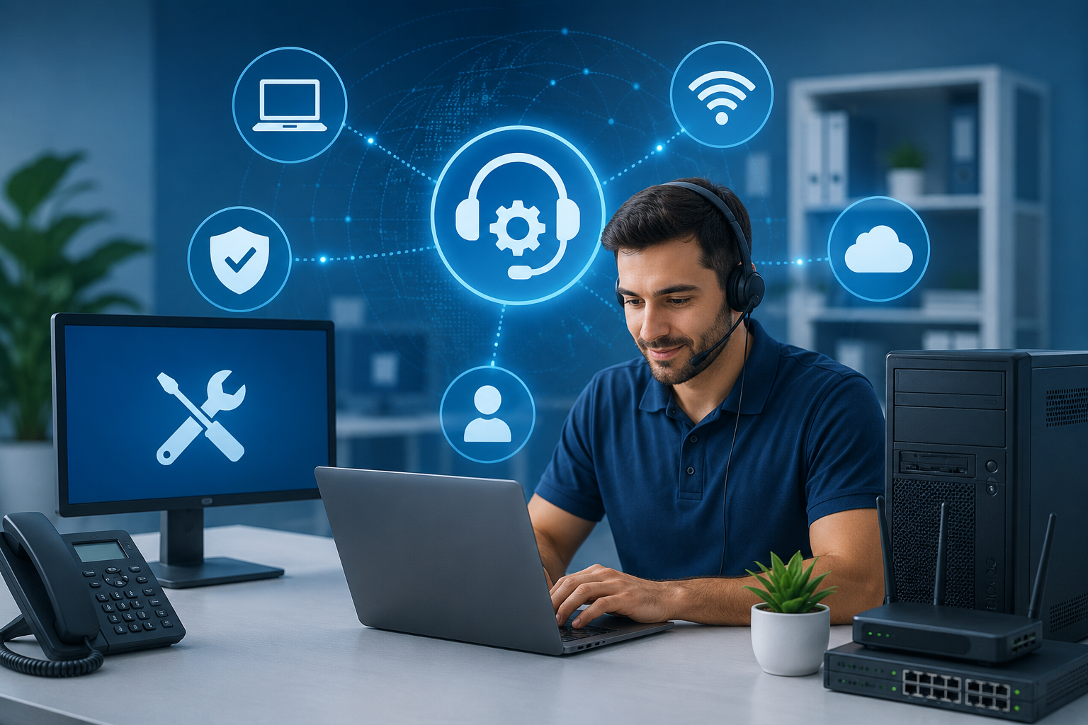 Professional IT support technician with business devices, network, cloud and security systems