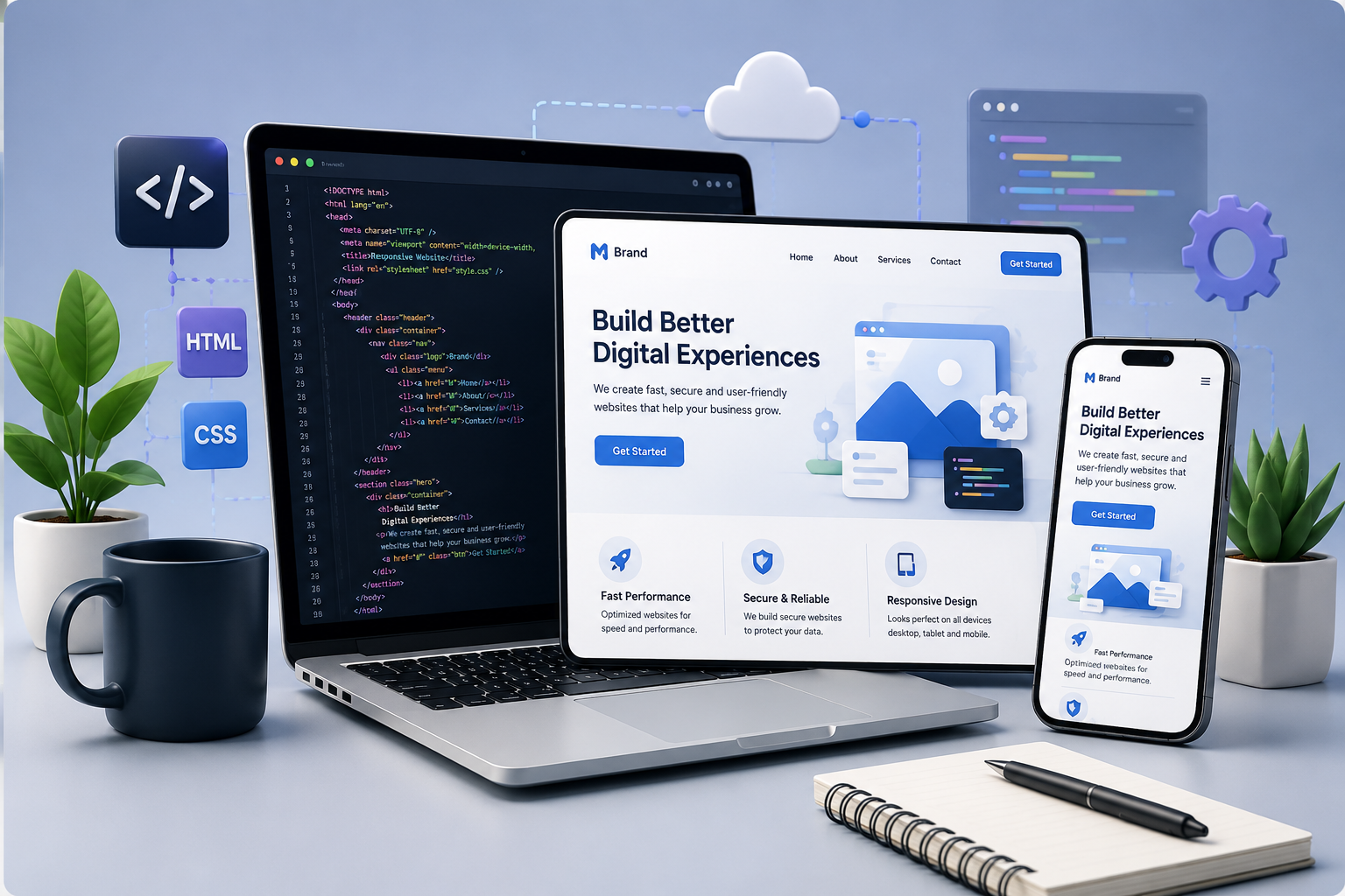 Responsive web development on desktop laptop tablet and mobile devices